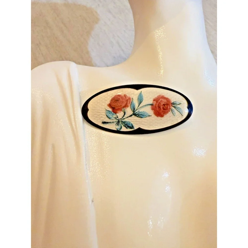 Vintage Scandinavian Sterling Silver Guilloche Enamel Rose Brooch Hand Painted